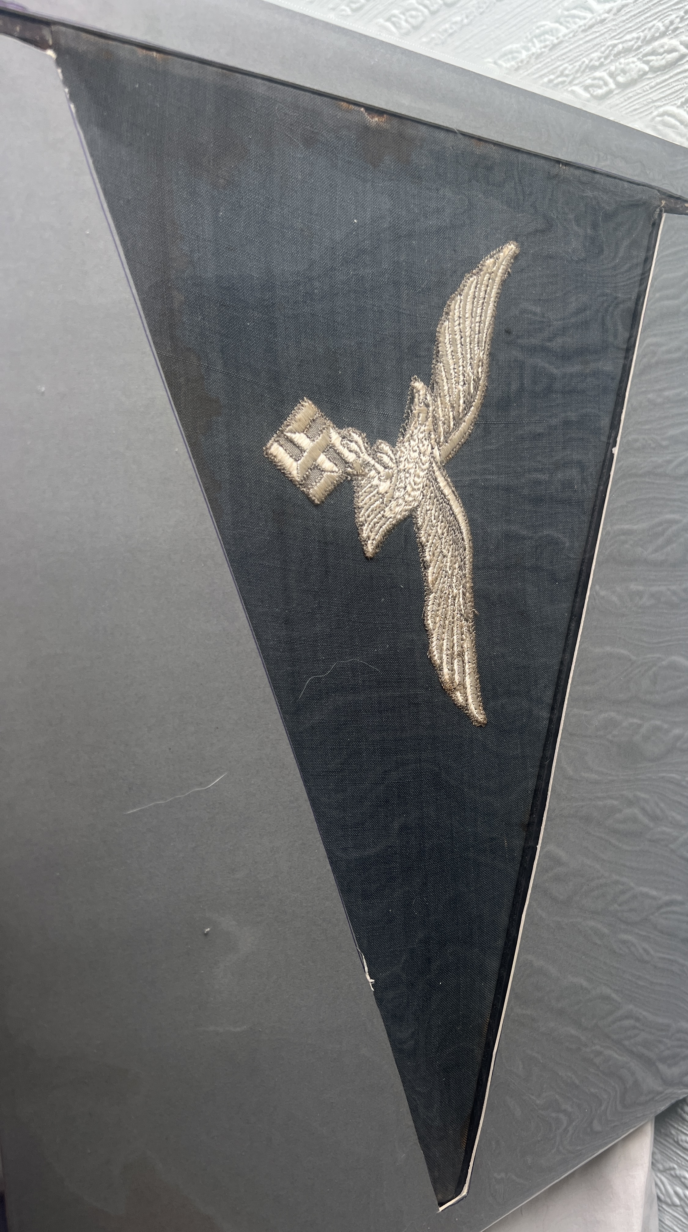 grey triangle, cream flying eagle and swastika